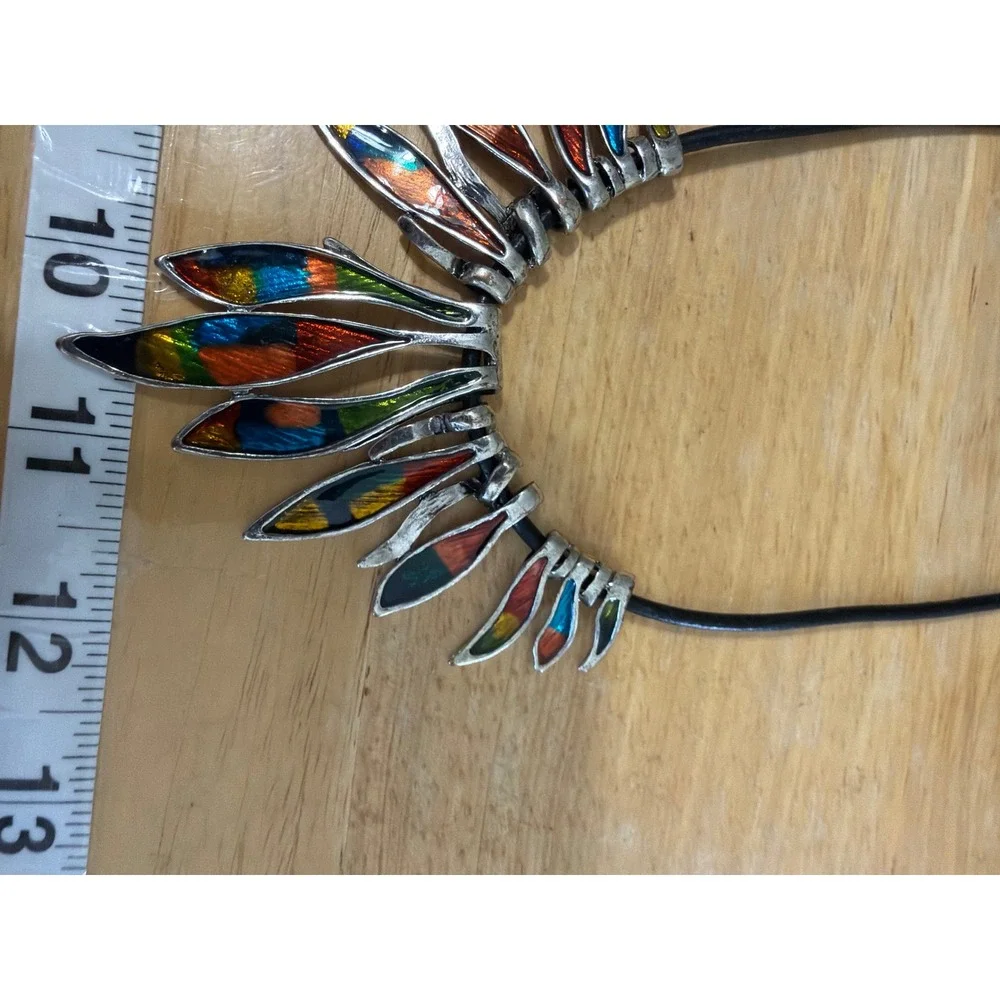 Multicolor Enamel‎ Silver Tone Leaf Bib Statement Necklace Black Cord Boho